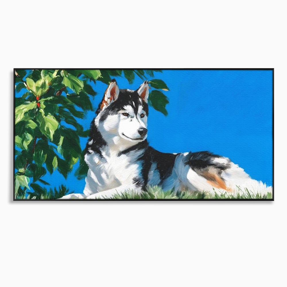 Tablou canvas cu tablou canvas cu husky sub copac, in rama de aluminiu negru